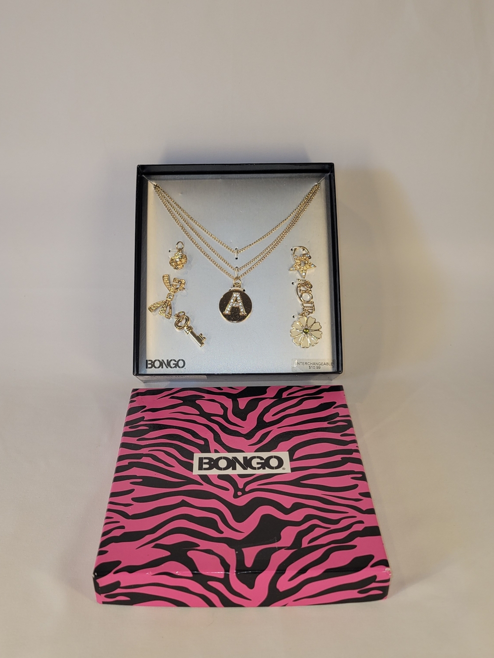 Bongo Gold Tone Clear Rhinestone Letter A Necklace Jewelry Set